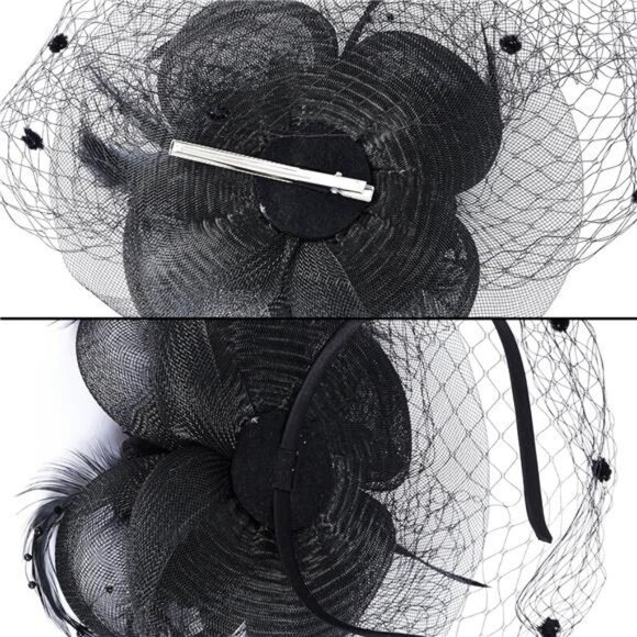 Women's Fascinators Hats with Veil Headwear Black - Picture 7 of 7